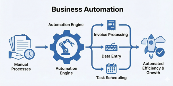 Business process automation illustration showing streamlined operational flows.