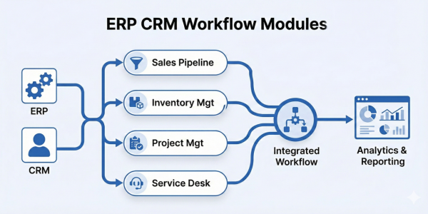 Integrated Custom ERP, CRM, and workflow automation modules illustration