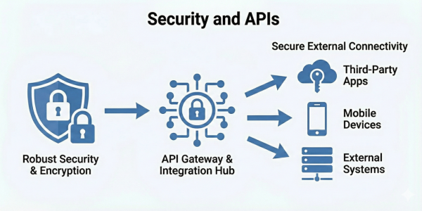 Secure software architecture illustration with third-party API integrations.